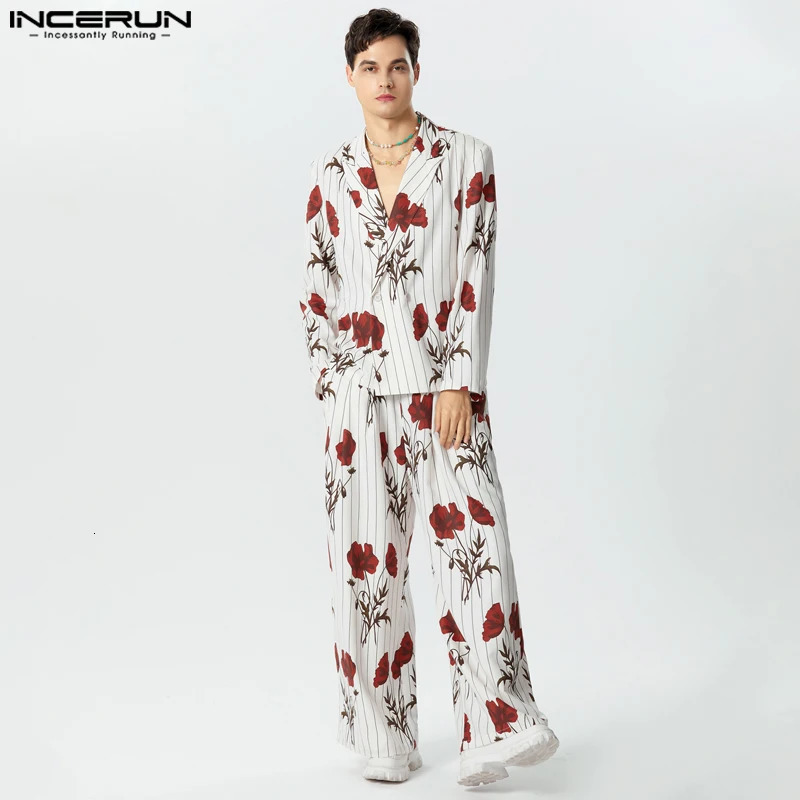 Fashion Men Sets Streetwear Flower Printing Lapel Long Sleeve Blazer Pants 2PCS Loose Mens Casual Suits S-5XL INCERUN 240530