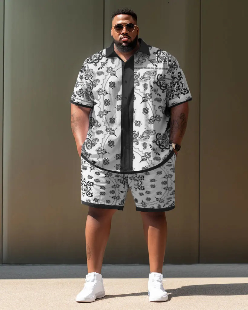 Biggmans Plus L-9XL For Mens Large Size Shirt Shorts Set Casual Color Block Plaid Retro Street Short Shirt Shorts Suit 7XL 8XL 240524