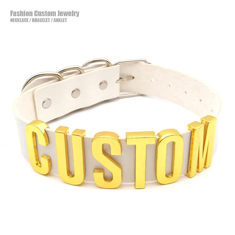 30MM Punk Gold Letters Soft White PU Leather Collars Customized Slave Choker Necklace Sexy Belt BDSM Sex Cosplay Party Jewelry 240531