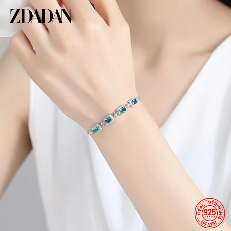 ZDADAN 925 Sterling Silver Emerald CZ Adjustable Bracelet Bangle For Women Fashion Wedding Jewelry Party Gift 240530