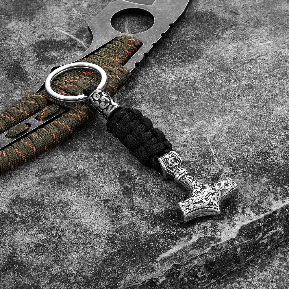 Vikings Thors Hammer Survival Rope Keychain Mens Stainless Steel Anchor Knife Pendant Paracord Keyring Handmade Norse Jewelry 240510