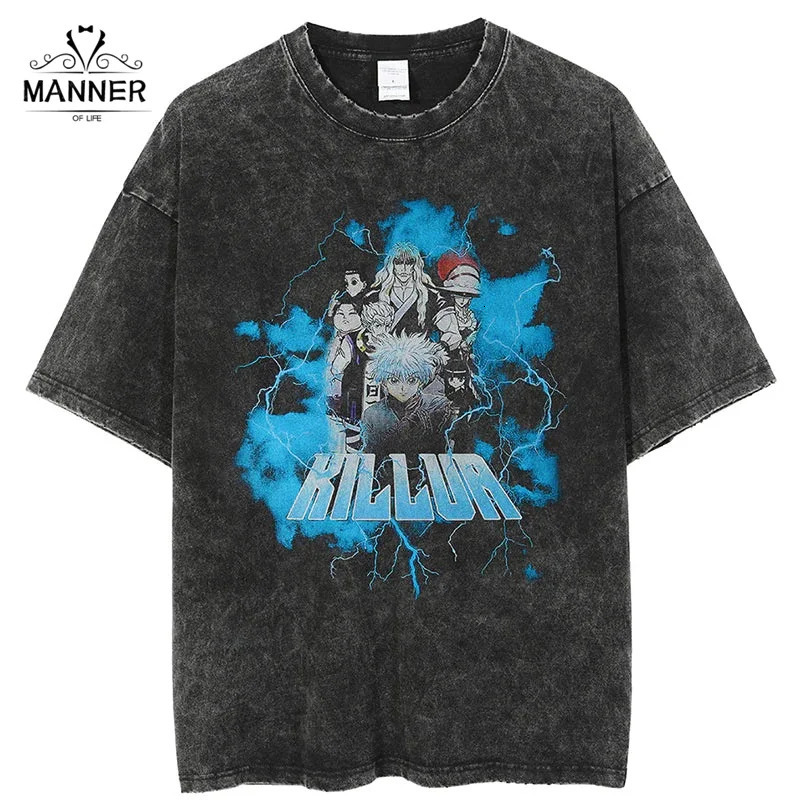Anime HUNTERxHUNTER Acid Wash T Shirt 100% Cotton Vintage Manga Short Sleeves Tops Oversized Hip Hop Streetwear Fashion Men Tees 240601