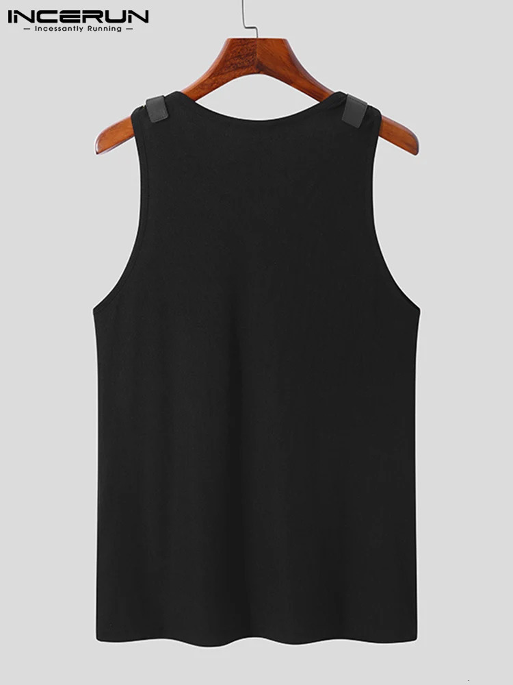 INCERUN Men Tank Tops Solid Color PU Leather Button Sleeveless Streetwear Oneck Vests Summer Fashion Clothing S5XL 7 240527