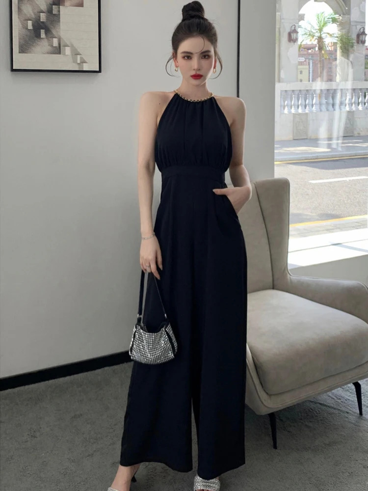 Korean Women One Piece Jumpsuits Black Vintage Sexy Chain Halter High Waist Party Club Lady Mujer Wide Leg Loose Rompers Summer 240601