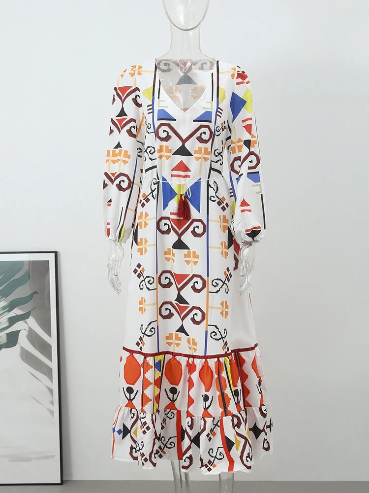 Printed V-Neck Lantern Sleeve Womens Long Dress Loose Lace Up Tassels Pleated Dresses 2024 Spring Summer Vacation Ladies Robe 240530