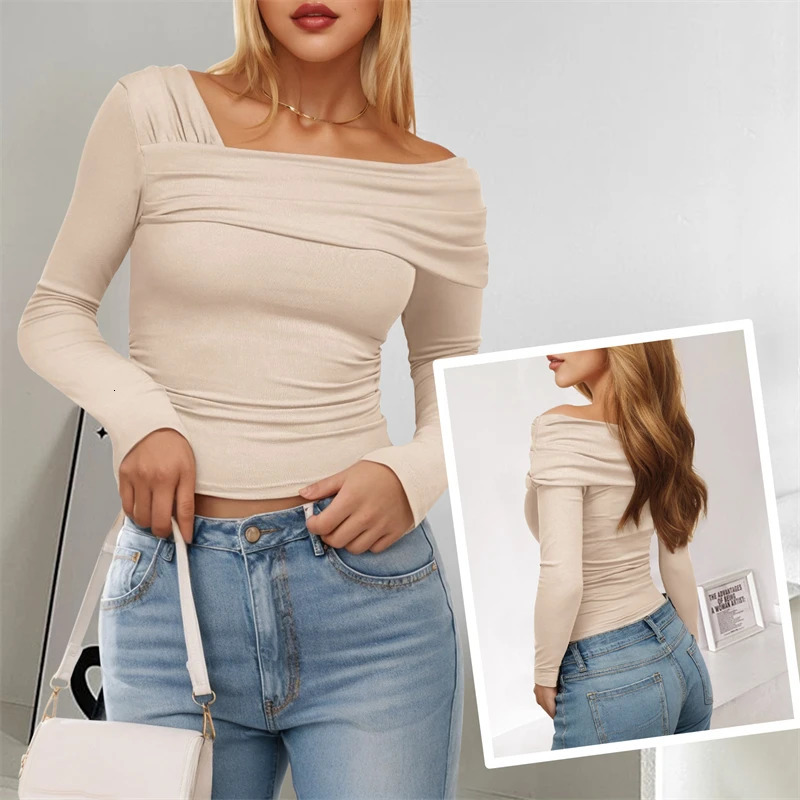 Women Sexy One Off Shoulder Fashion Basic Top Y2K Tight Ruched T-Shirts Slim Fit Long Sleeves Asymmetrical Crop Tops Streetwear 240601