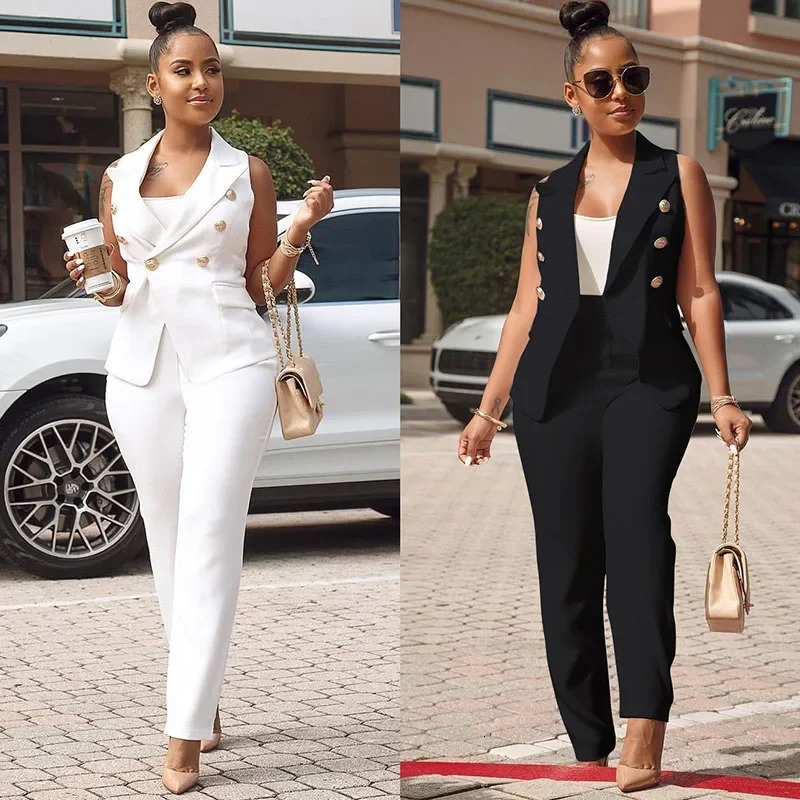Business OL Work Wear Two Piece Pant Suits for Women Set Elegant Sleeveless Blazer Top Pencil Pants Office Lady Matching Sets 240529