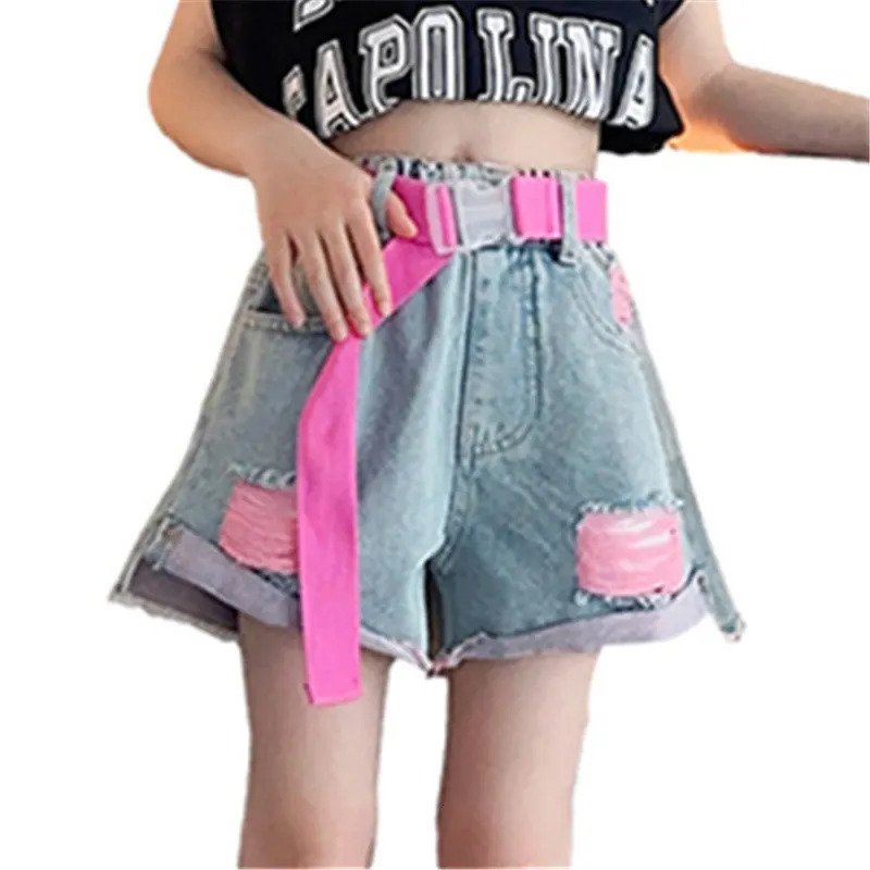 Kids Girls Denim Shorts Fashion Summer High Waist Pink Yellow Color Ripped Shorts with Free Belt 4 5 6 7 8 9 11 12 13 14 pants 240531