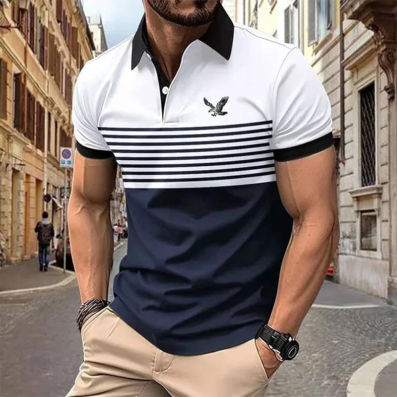 Summer Striped Mens Casual Print Short Sleeve Lapel Polo Shirt For Men Golf Shirt EUROPEAN Measurement 240601