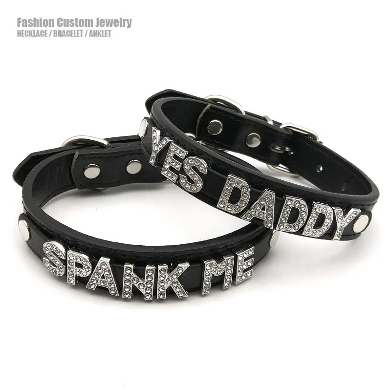 Sexy Rhinestone Letters Yes Daddy Spank Me Choker Collar Necklaces Men Women Punk Role Age Play Leather Chocker Cosplay Jewelry 240510