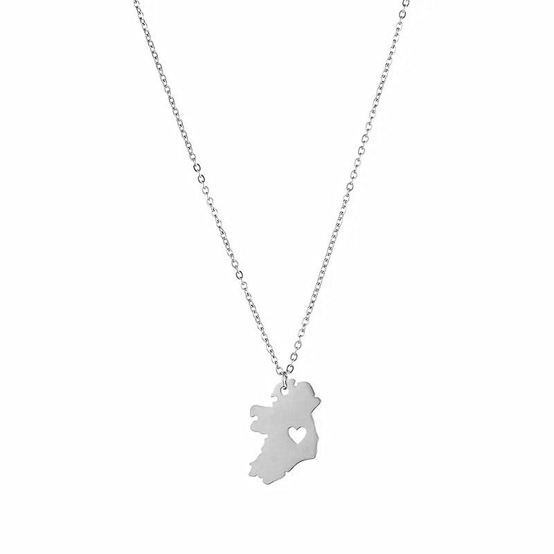 10PCS Republic of Ireland Country Heart Map Necklace Stainless Steel Outline Continent Dublin Pendant Necklaces for Motherland Hometown Female Ladies 