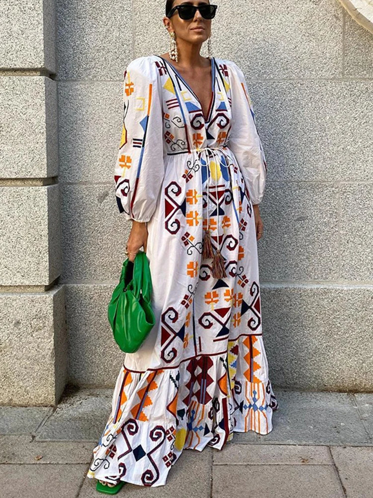 Printed V-Neck Lantern Sleeve Womens Long Dress Loose Lace Up Tassels Pleated Dresses 2024 Spring Summer Vacation Ladies Robe 240530