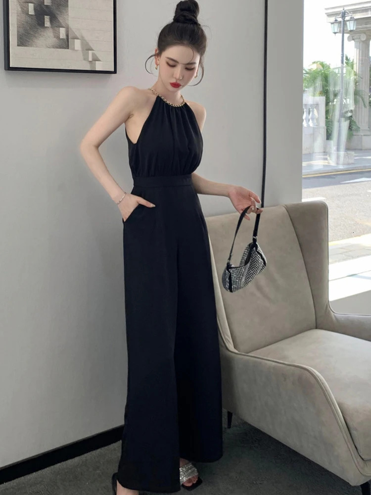 Korean Women One Piece Jumpsuits Black Vintage Sexy Chain Halter High Waist Party Club Lady Mujer Wide Leg Loose Rompers Summer 240601