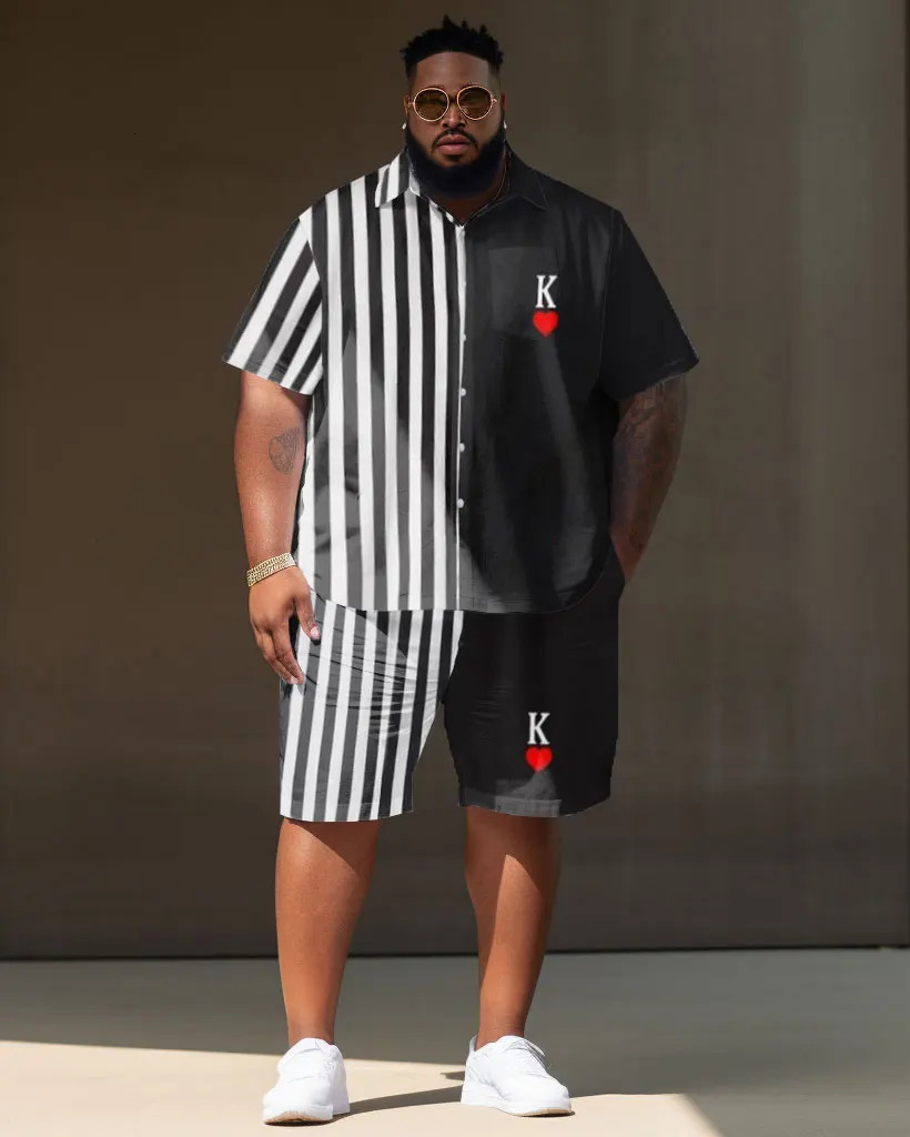 Biggmans Plus L-9XL For Mens Large Size Shirt Shorts Set Casual Color Block Plaid Retro Street Short Shirt Shorts Suit 7XL 8XL 240524