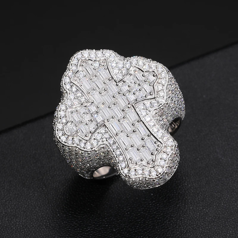 Baguete Bling Cross Rings For Women Men 925 Sterling Silver D VVS Diamond Ring Pass Tester 240530