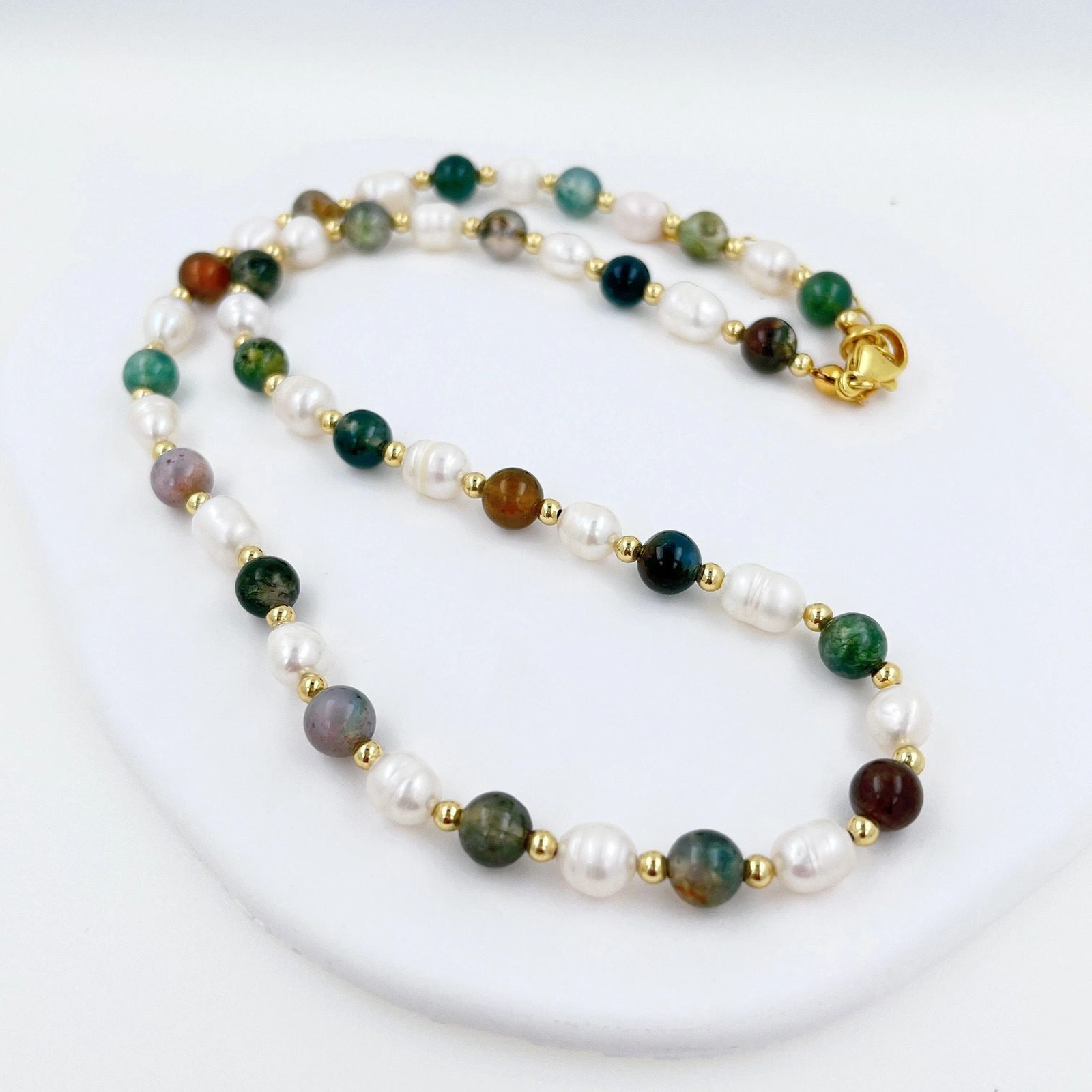 Natural Stone Baroque Fresh Water Pearl Necklace Colour India Agate Bead Clavicle Chain Trendy Charm Handmade Jewelry Women 240510