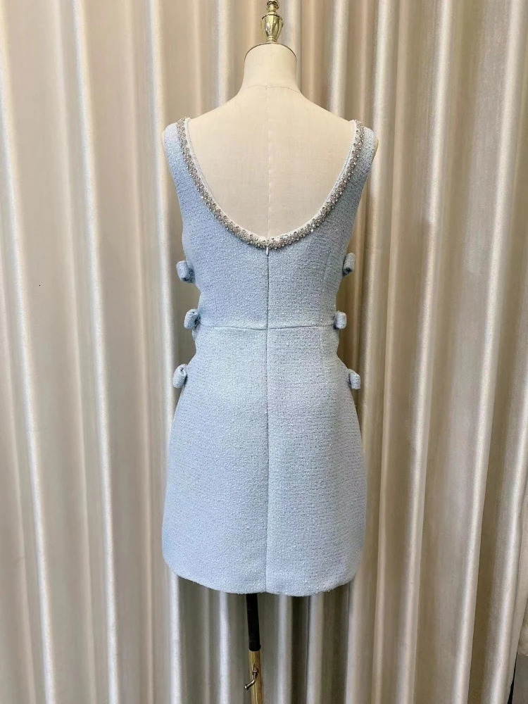 Elegant Beading Diamonds Wool Tweed Short Dress Women Sexy Backless Tank High Waist Bow Hollow Out Slim Birthday Party Vestidos 240529