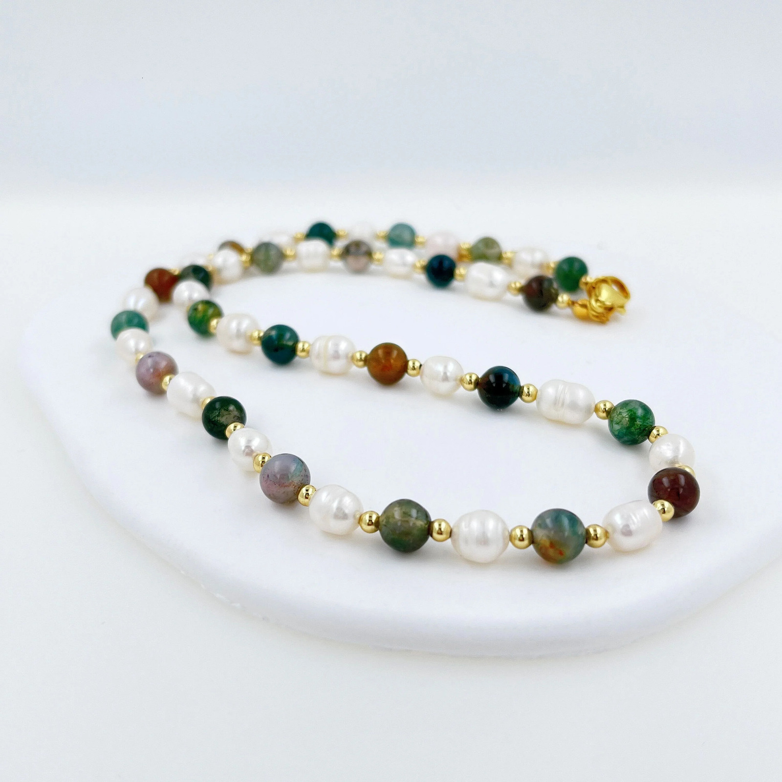 Natural Stone Baroque Fresh Water Pearl Necklace Colour India Agate Bead Clavicle Chain Trendy Charm Handmade Jewelry Women 240510
