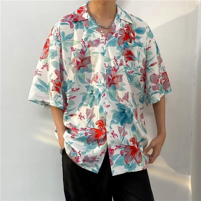 Hawaiian Shirts Men Advanced Breathable Trendy Summer Half Sleeve Floral High Street Pocket Korean Style Male Hipster Handsome 240529