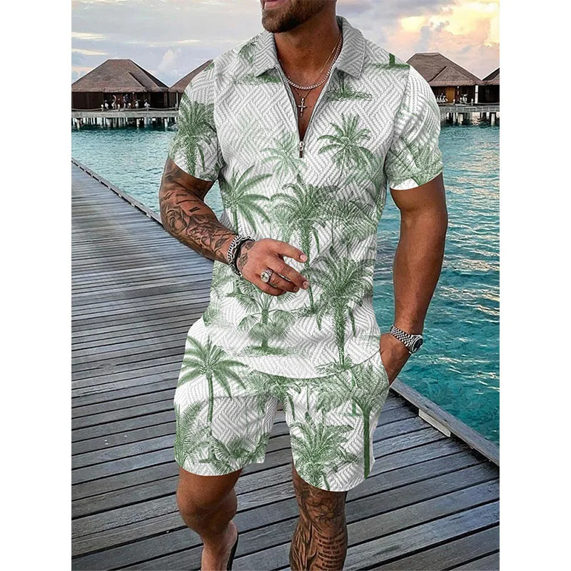 Hawaii Tracksuit 3D Print Beach Polo Shirts Shorts Sets 2 Pieces Mans Oversized Short Sleeve Shirt Pants Set Suits Men Clothing 240529
