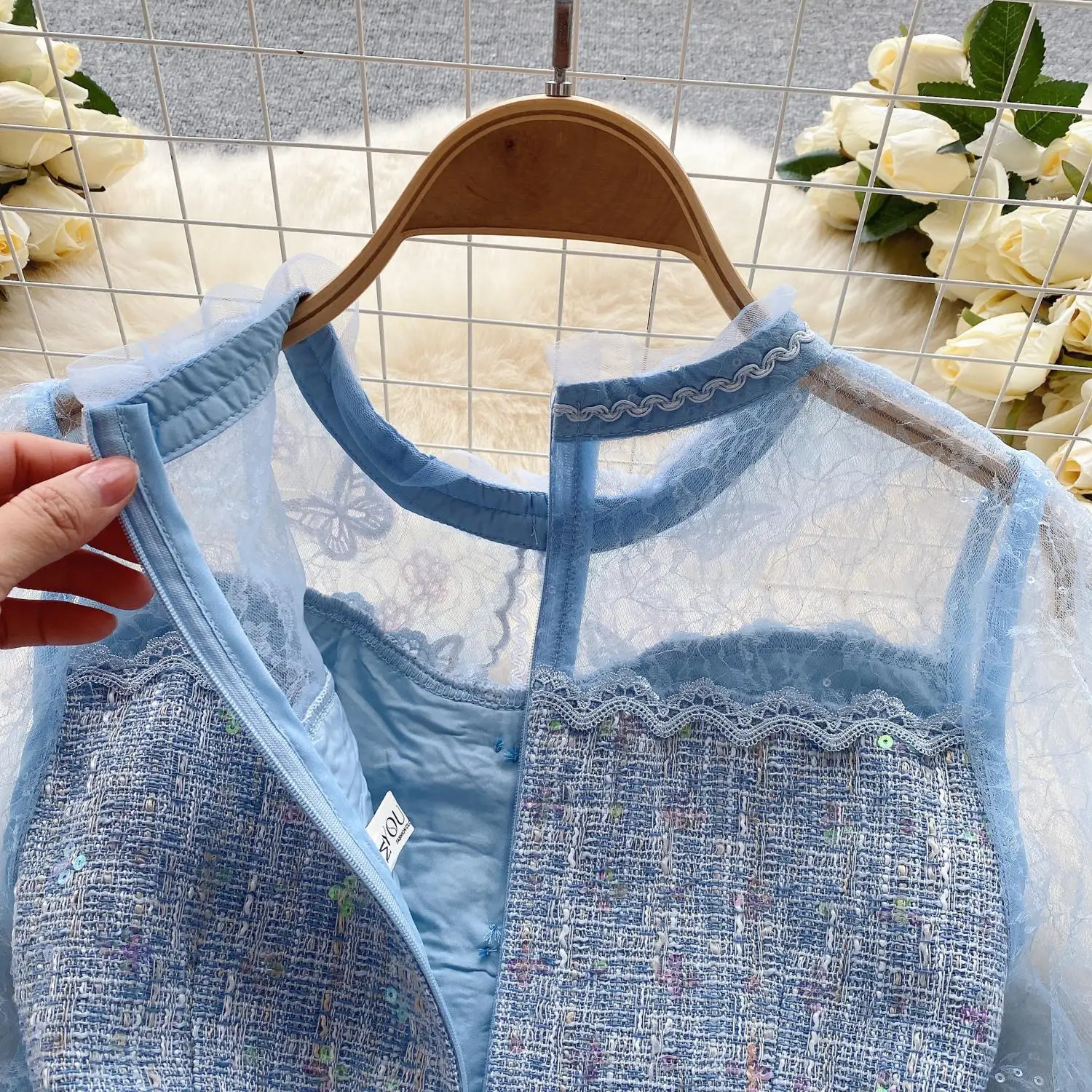 Runway Embroidery Sequins Tweed Dress Womens Ruffled Beaded Lantern Sleeve Blue Mesh Patchwork Slim Vintage Vestidos 240529