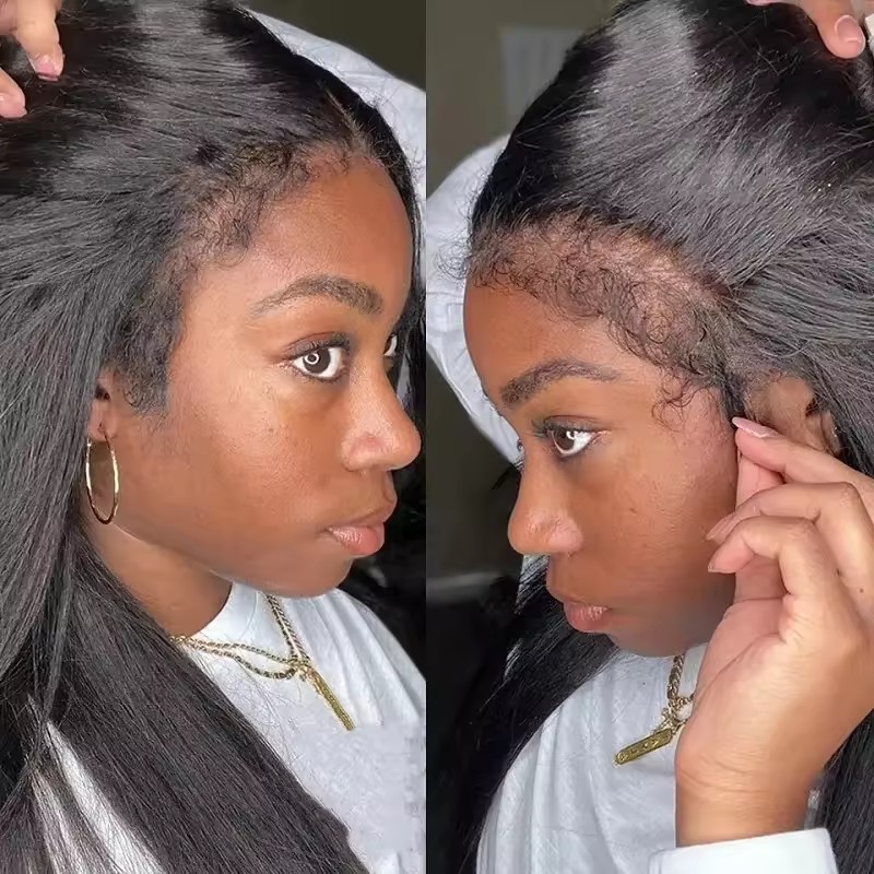 Free Shipping 13X4 Lace Closure Yaki Straight Human Hair Wigs With Curly Baby Hair Type 4C Textured Natural Kinky Hairline Wig
