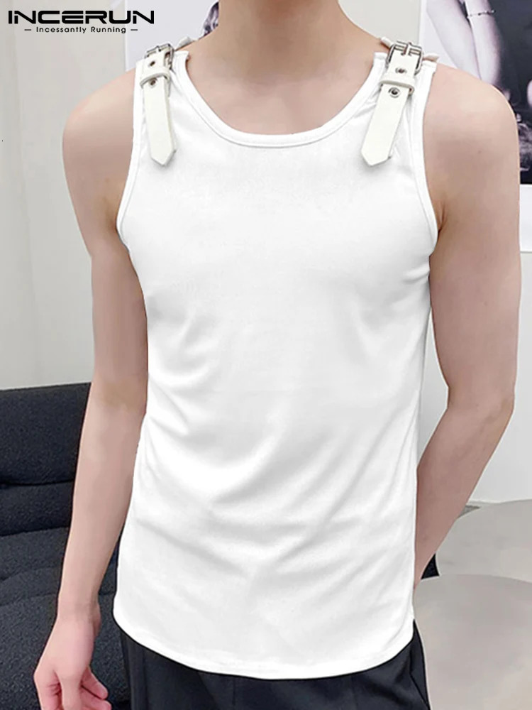 INCERUN Men Tank Tops Solid Color PU Leather Button Sleeveless Streetwear Oneck Vests Summer Fashion Clothing S5XL 7 240527