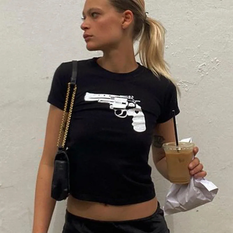 2000s Gothic Grunge Print T-shirt Womens Summer Skinny Crop Tops Black Funny Short Sleeve Kpop Harajuku Street Tees Y2k Clothes 240510