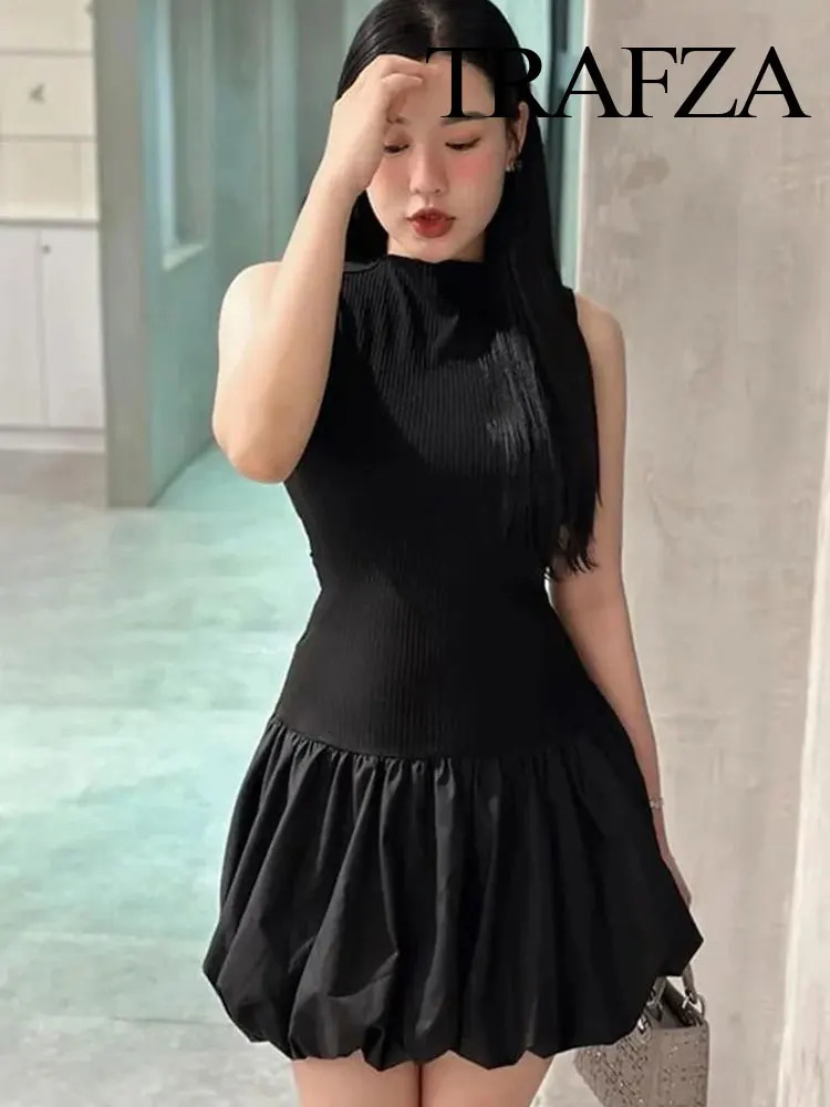 TRAFZA Female Chic Summer Knitted Sexy Backless Folds Mini Dress TRAF Woman 2024 Casual Sleeveless Slim Balloon Dresses Mujer 240601