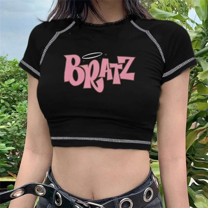 t-shirt women clothing aesthetic Bratz letter t shirt women casual Black tops fashion short sleeve Summer gothic female T-shirt 240510