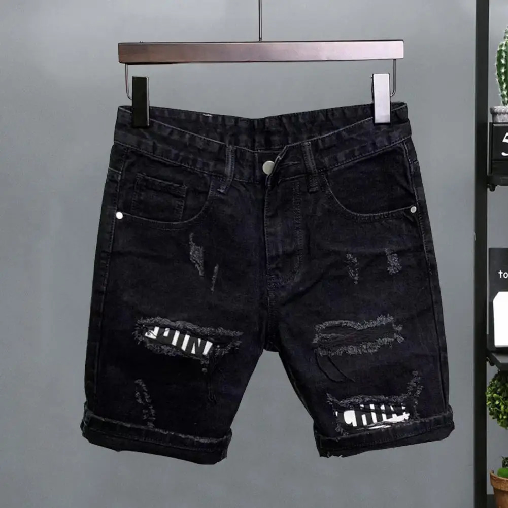 Button Zipper Waist Shorts Stylish Mens Denim Shorts with Ripped Patchwork Pockets Knee-length Streetwear Fashion for Summer 240530