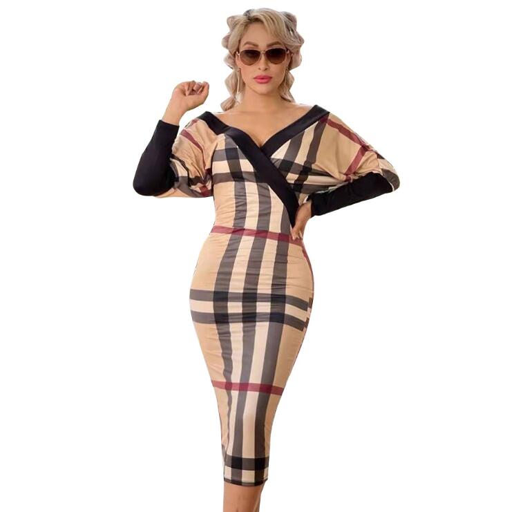 Designer Women Dresses Long Vneck Sleeve High Waist Woman For Undefined Bodycon Casual Dress