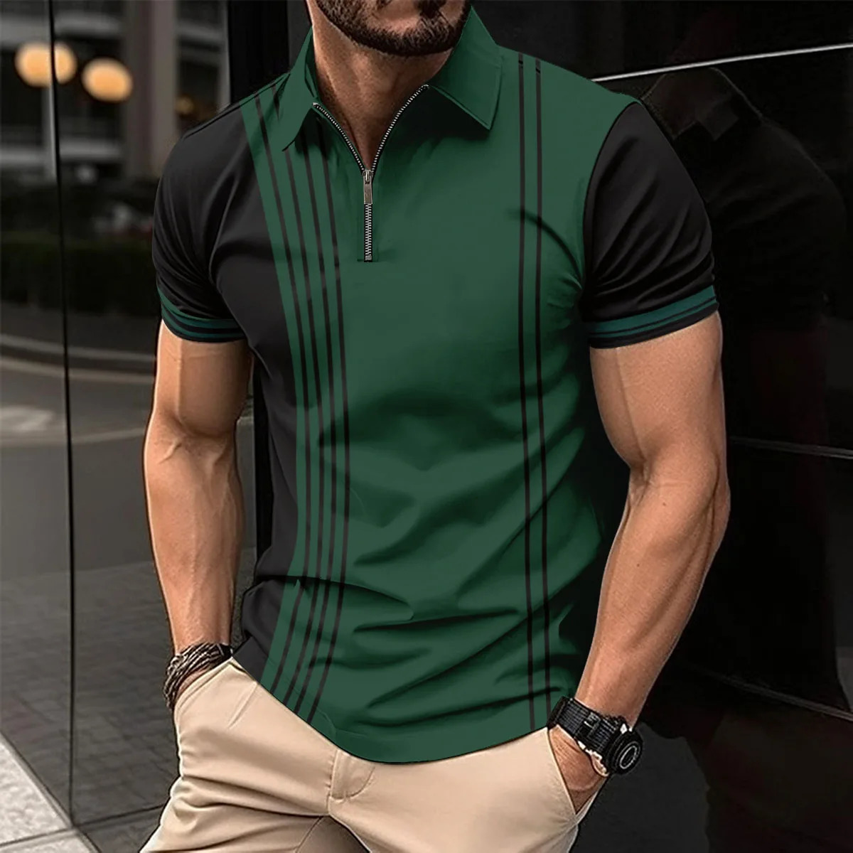 Summer Mens Explosive Striped Top Slim Breathable Zipper Lapel Clothing Sports Leisure Golf Polo Shirt 240601
