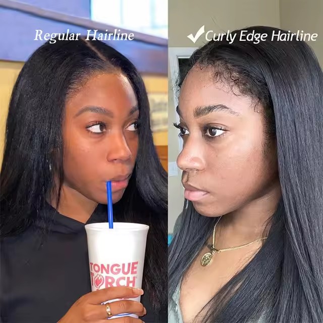 Free Shipping 13X4 Lace Closure Yaki Straight Human Hair Wigs With Curly Baby Hair Type 4C Textured Natural Kinky Hairline Wig