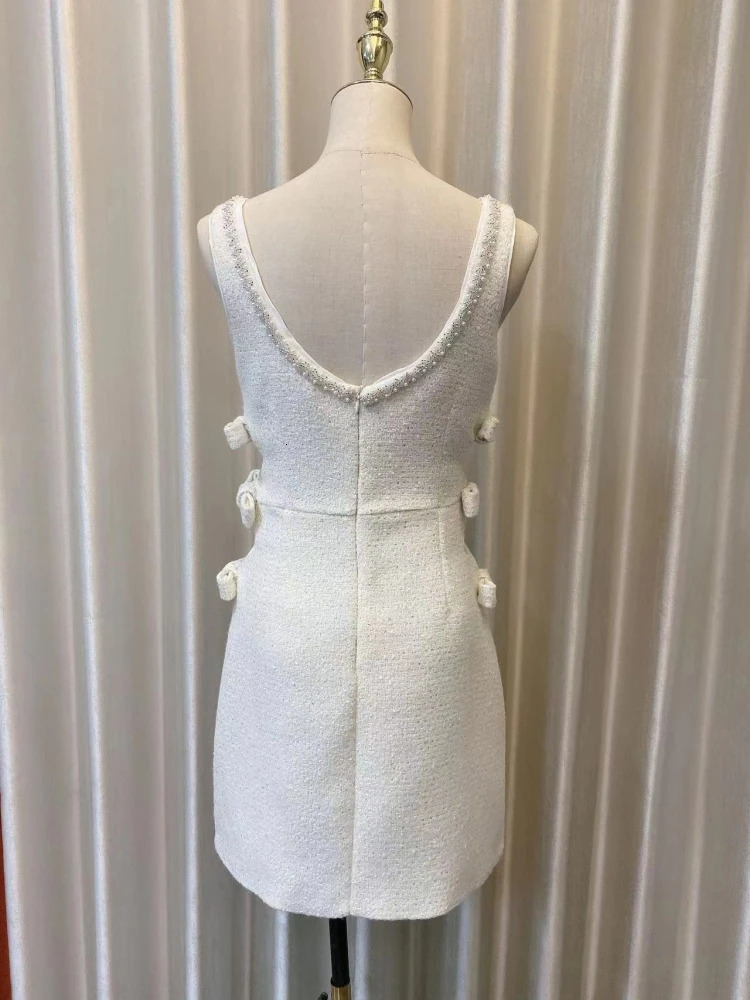 Elegant Beading Diamonds Wool Tweed Short Dress Women Sexy Backless Tank High Waist Bow Hollow Out Slim Birthday Party Vestidos 240529