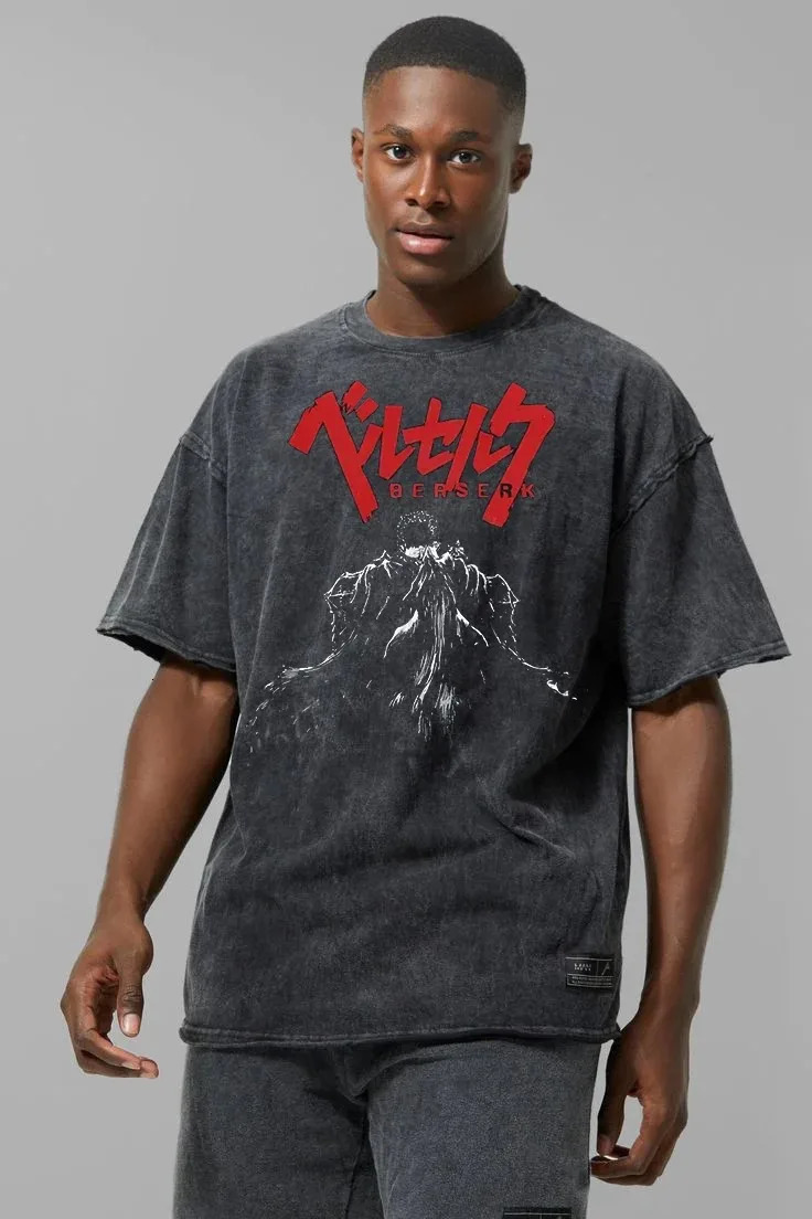 Mens Washed T Shirt Berserk Anime T-shirt Guts Skull Knight Graphic Print TShirt Cotton Short Sleeve Unisex Streetwear 2024 240601