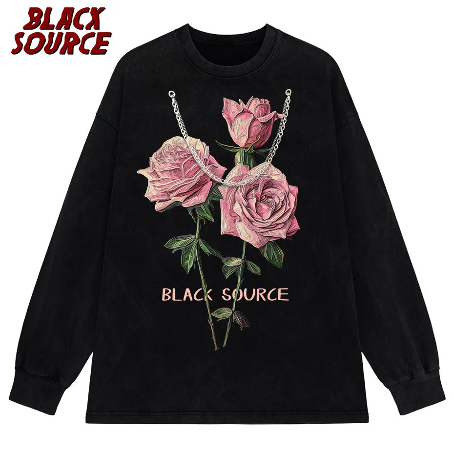 Hip Hop Men Streetwear T-Shirt Retro Vintage Washed Anime Graphic T Shirt Men Harajuku Cotton Casual Short Sleeve rose Tshirt 240601