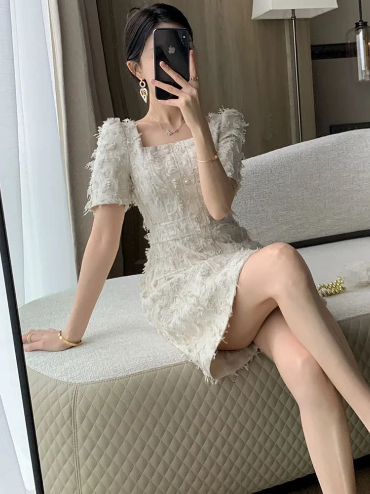 Summer Elegant tweed evening dresses Women Short Sleeves Party Short vestidos Fashion Streetwear Office Lady Mini Dress 240529