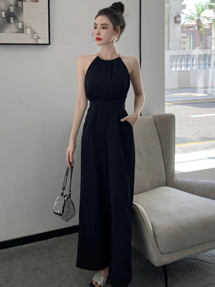 Korean Women One Piece Jumpsuits Black Vintage Sexy Chain Halter High Waist Party Club Lady Mujer Wide Leg Loose Rompers Summer 240601