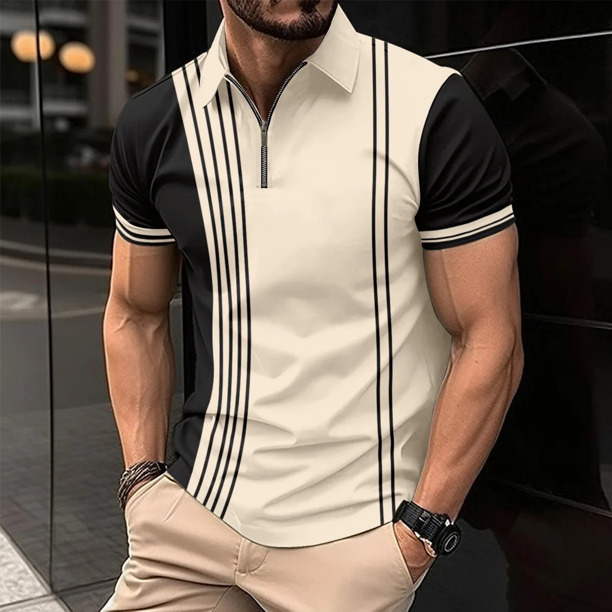 Summer Mens Explosive Striped Top Slim Breathable Zipper Lapel Clothing Sports Leisure Golf Polo Shirt 240601