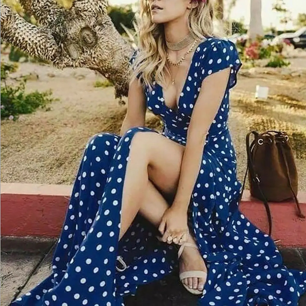 Summer Womens Beach Party Sexy Deep V Dot Split Short Sleeve Long Dress Floral Print Bohemian Shirt Chiffon 240523