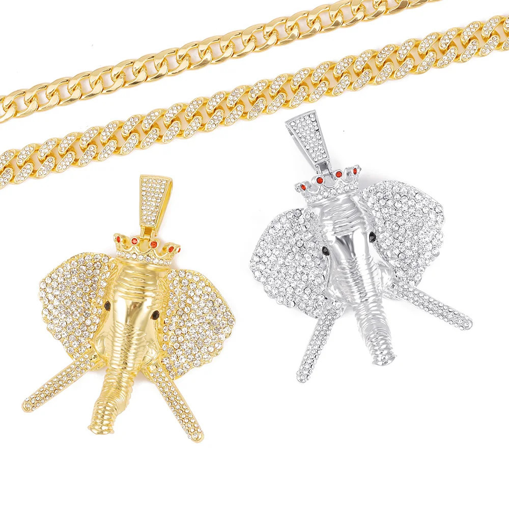 Hip Hop Cubic Zirconia Pave Bling Iced Out Elephant Pendant Animal Necklace Men Women Hip Hop Cool Rap Jewelry Birthday Gift 240531