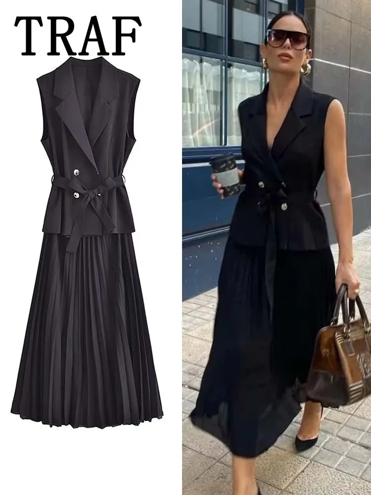 TRAF Corset Dress Women Pleated Vests Long Dresses for Women 2024 Sleeveless Office Party Dress Ruched Midi Evening Dresses 240601