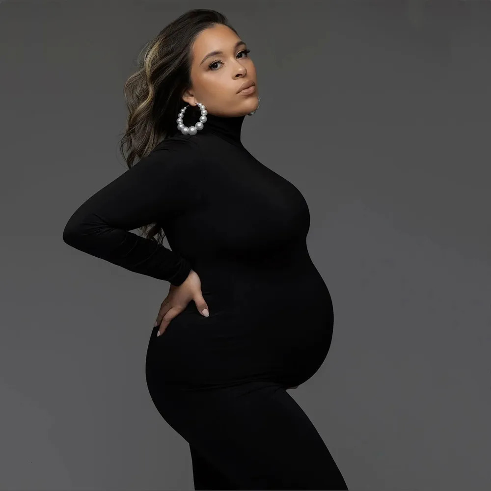High Neck Stretchy Baby Shower Long Dresses Full Sleeve Skinny Maternity Pography Prop Dress 240529