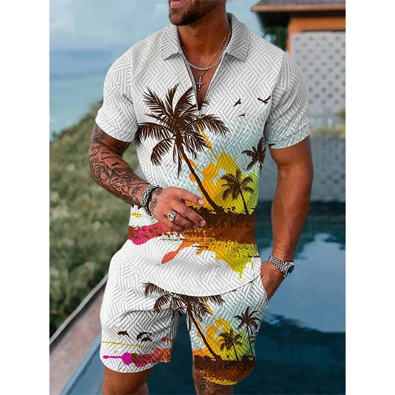 Hawaii Tracksuit 3D Print Beach Polo Shirts Shorts Sets 2 Pieces Mans Oversized Short Sleeve Shirt Pants Set Suits Men Clothing 240529