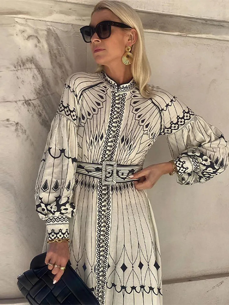 Womens elegant ink style printed Midi dress with lanterns long sleeved O-neck dress 2024 fashionable womens casual vacation vest 240516