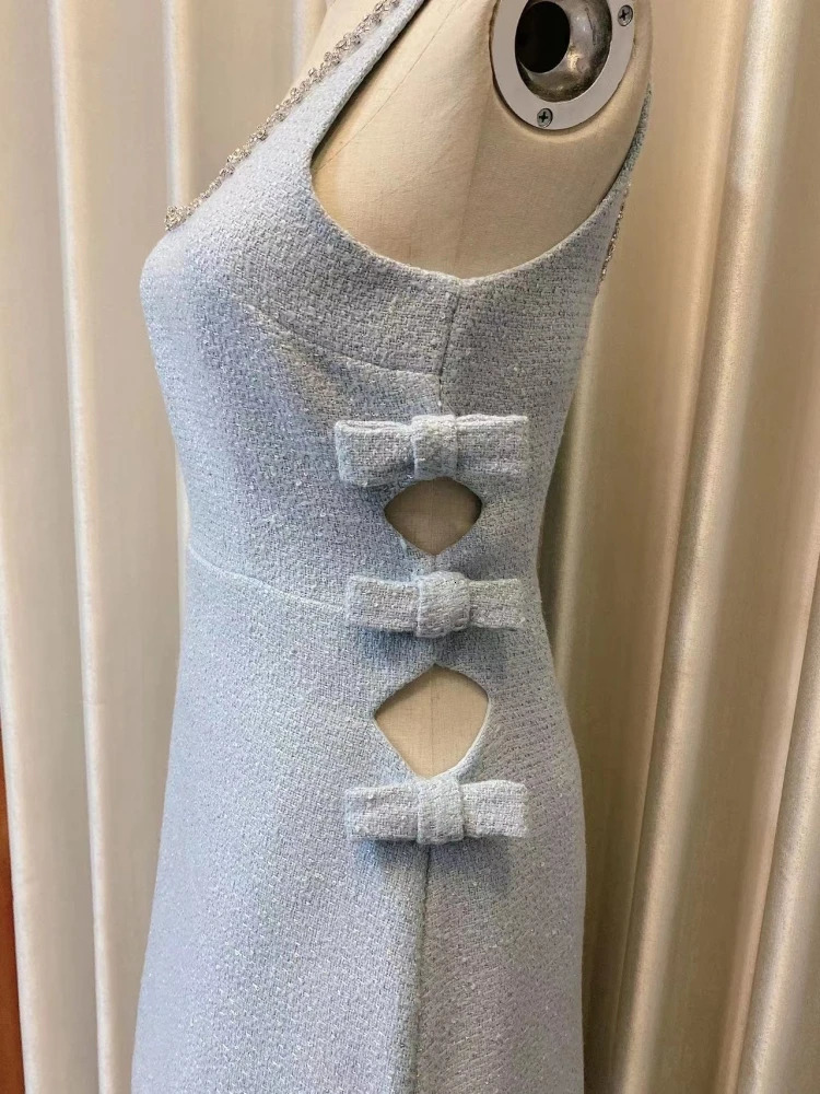 Elegant Beading Diamonds Wool Tweed Short Dress Women Sexy Backless Tank High Waist Bow Hollow Out Slim Birthday Party Vestidos 240529
