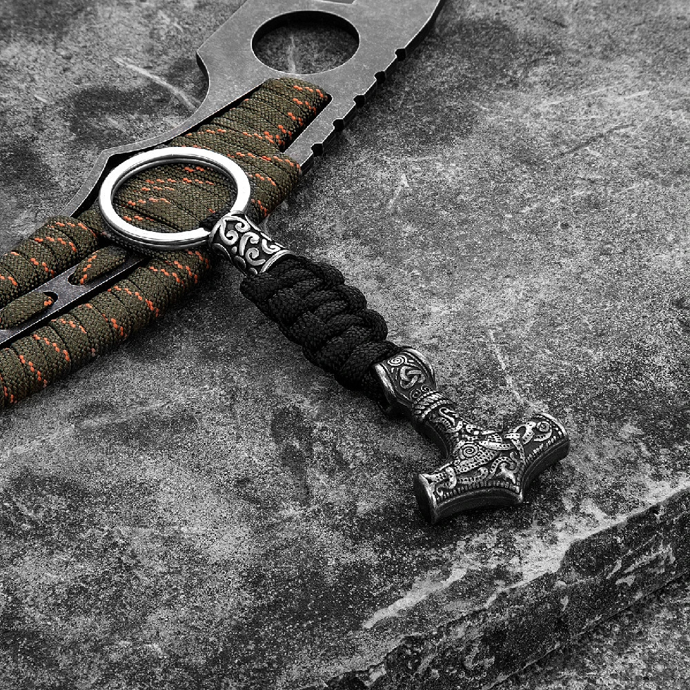 Vikings Thors Hammer Survival Rope Keychain Mens Stainless Steel Anchor Knife Pendant Paracord Keyring Handmade Norse Jewelry 240510