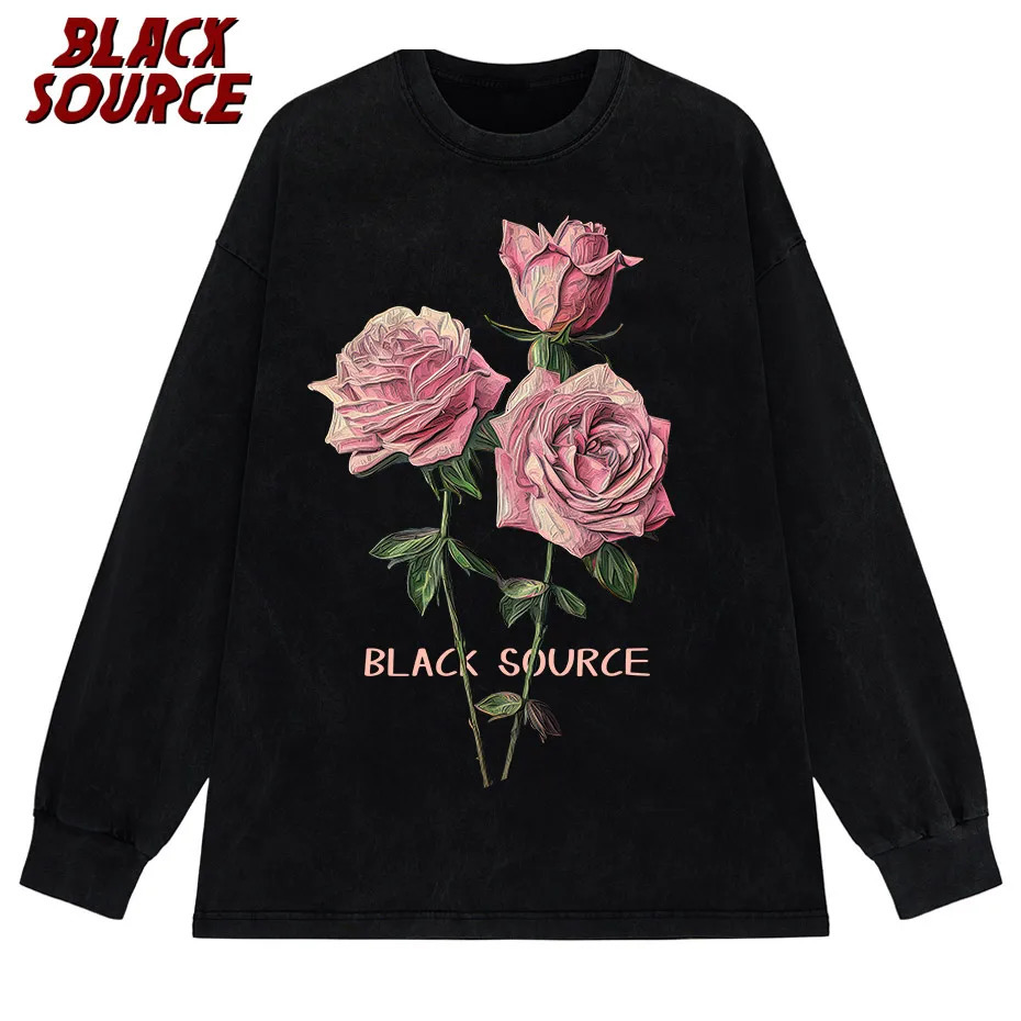 Hip Hop Men Streetwear T-Shirt Retro Vintage Washed Anime Graphic T Shirt Men Harajuku Cotton Casual Short Sleeve rose Tshirt 240601