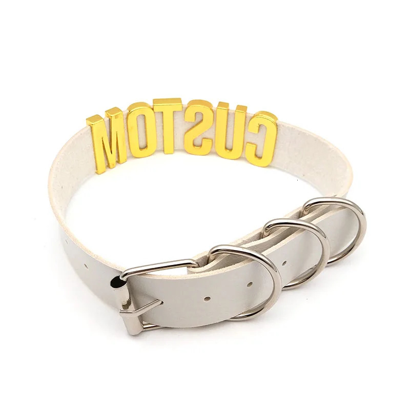 30MM Punk Gold Letters Soft White PU Leather Collars Customized Slave Choker Necklace Sexy Belt BDSM Sex Cosplay Party Jewelry 240531